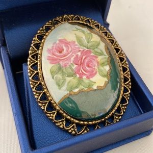 Vintage Hand Painted Porcelain Pendant or Brooch